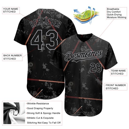 Design Authentische Billard Baseball Grau Jersey 8 Schwarz Snooker Muster Benutzerdefinierte Design Authentische Billard Baseball Grau Jersey 8 Schwarz Snooker Muster Benutzerdefinierte