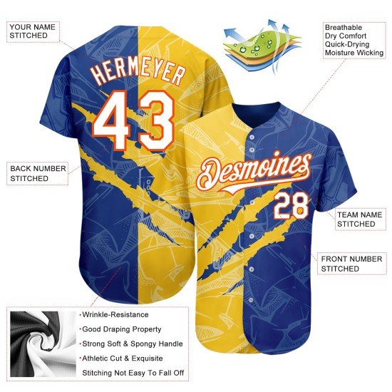 Authentisches Jersey Graffiti Weiß Scratch 3D Gelb-Orange Custom Royal Muster Baseball Authentisches Jersey Graffiti Weiß Scratch 3D Gelb-Orange Custom Royal Muster Baseball