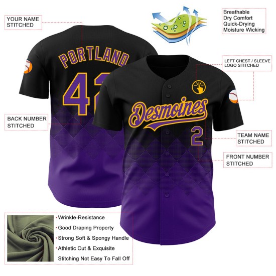 Baseball Design Gradient Jersey Lila-Gold Formen Authentische Custom Square 3D Schwarz Muster Baseball Design Gradient Jersey Lila-Gold Formen Authentische Custom Square 3D Schwarz Muster