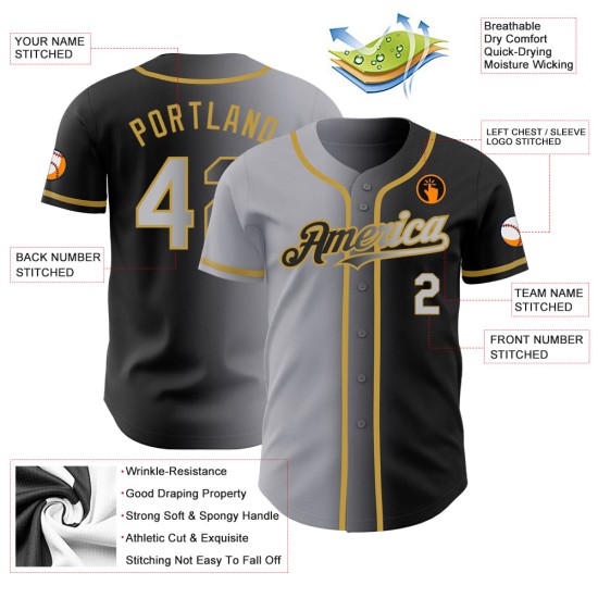 Gradient Custom Fashion Baseball Grau-Altgold Authentic Schwarz Jersey Gradient Custom Fashion Baseball Grau-Altgold Authentic Schwarz Jersey