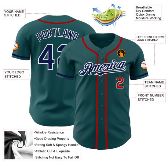 Authentisches, marineblau-rotes, nach Maß gefertigtes Baseball-Trikot in Mitternachtsgrün Authentisches, marineblau-rotes, nach Maß gefertigtes Baseball-Trikot in Mitternachtsgrün