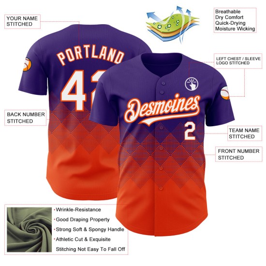 Authentisches Design Square Gradient Custom Baseball Lila Muster Jersey Weiß-Orange 3D Formen Authentisches Design Square Gradient Custom Baseball Lila Muster Jersey Weiß-Orange 3D Formen