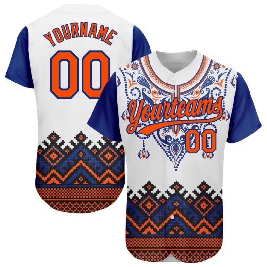 Benutzerdefiniertes Muster Jersey Baseball Traditionelles weißes afrikanisches ethnisches 3D-authentisches Design im orange-königlichen Stil Benutzerdefiniertes Muster Jersey Baseball Traditionelles weißes afrikanisches ethnisches 3D-authentisches Design im orange-königlichen Stil