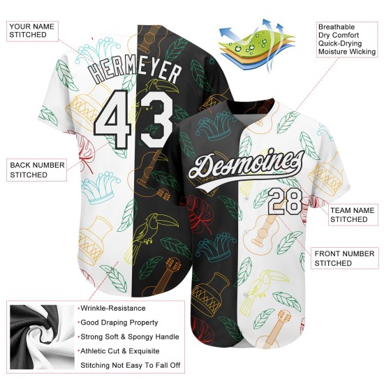 Musik Muster Jersey Schwarz Custom Brasilianische Baseball Festival Weiß Karneval Design 3D Authentische Musik Muster Jersey Schwarz Custom Brasilianische Baseball Festival Weiß Karneval Design 3D Authentische