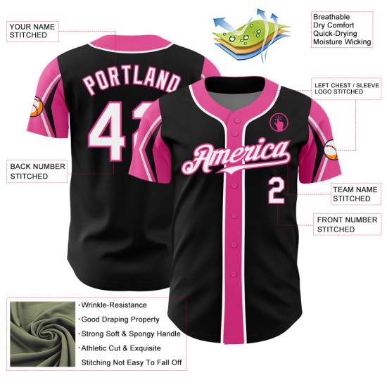 Jersey Custom Authentic Shapes 3 Armfarben Baseball Schwarz Weiß-Pink Jersey Custom Authentic Shapes 3 Armfarben Baseball Schwarz Weiß-Pink