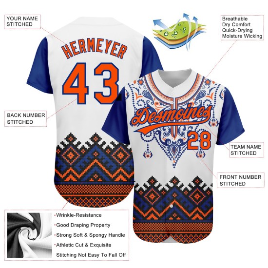 Benutzerdefiniertes Muster Jersey Baseball Traditionelles weißes afrikanisches ethnisches 3D-authentisches Design im orange-königlichen Stil Benutzerdefiniertes Muster Jersey Baseball Traditionelles weißes afrikanisches ethnisches 3D-authentisches Design im orange-königlichen Stil