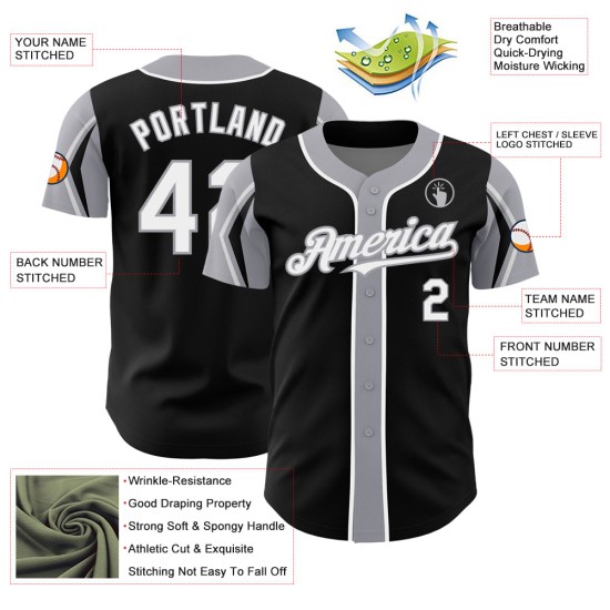 Weiß-Graue Formen Schwarzes Baseball-Trikot Farben Custom Arm Authentic 3 Weiß-Graue Formen Schwarzes Baseball-Trikot Farben Custom Arm Authentic 3