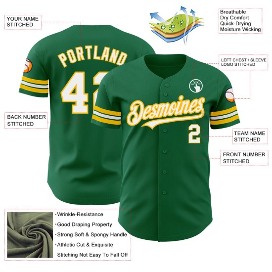 Benutzerdefiniertes Baseball Weiß-Gold Kelly Authentic Trikot Grün Benutzerdefiniertes Baseball Weiß-Gold Kelly Authentic Trikot Grün