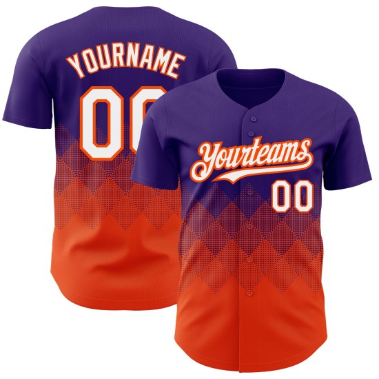 Authentisches Design Square Gradient Custom Baseball Lila Muster Jersey Weiß-Orange 3D Formen Authentisches Design Square Gradient Custom Baseball Lila Muster Jersey Weiß-Orange 3D Formen
