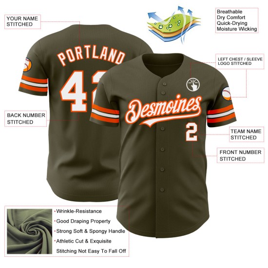 Salute Service Trikot Baseball Authentic Olivgrün bis Custom Weiß-Orange Salute Service Trikot Baseball Authentic Olivgrün bis Custom Weiß-Orange